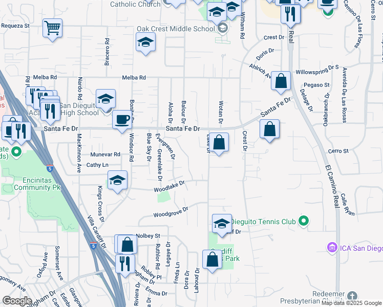 map of restaurants, bars, coffee shops, grocery stores, and more near 1349 Caminito Septimo in Encinitas