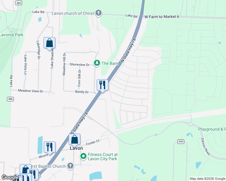 map of restaurants, bars, coffee shops, grocery stores, and more near 125 Coyote Creek Drive in Lavon