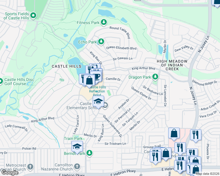 map of restaurants, bars, coffee shops, grocery stores, and more near 2609 Grail Maiden Court in The Colony
