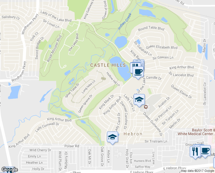 map of restaurants, bars, coffee shops, grocery stores, and more near 1009 Excalibur Boulevard in Lewisville