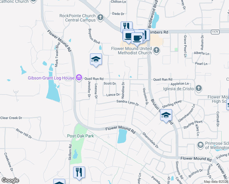 map of restaurants, bars, coffee shops, grocery stores, and more near 3605 Timothy Drive in Flower Mound