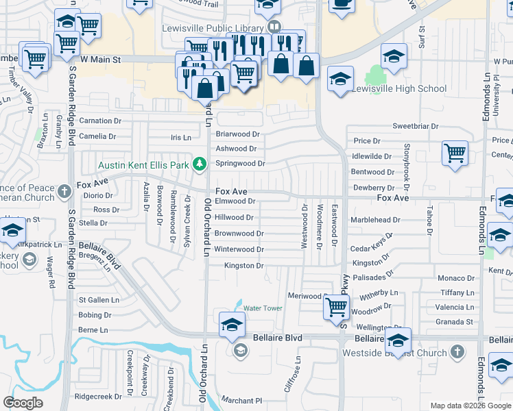 map of restaurants, bars, coffee shops, grocery stores, and more near 1102 Elmwood Dr in Lewisville