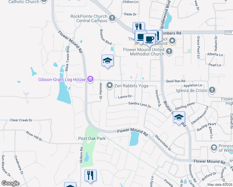 map of restaurants, bars, coffee shops, grocery stores, and more near 3612 Karla Drive in Flower Mound