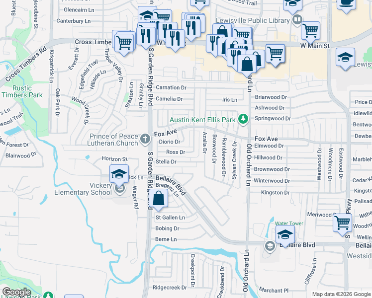 map of restaurants, bars, coffee shops, grocery stores, and more near 1413 Ross Drive in Lewisville