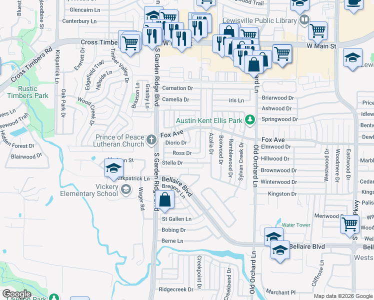 map of restaurants, bars, coffee shops, grocery stores, and more near 1413 Ross Dr in Lewisville