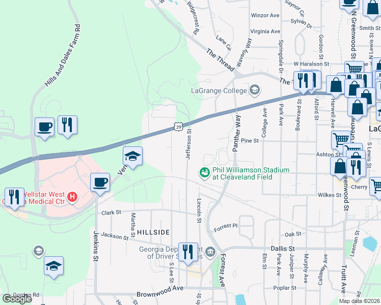 map of restaurants, bars, coffee shops, grocery stores, and more near 217 Jefferson Street in LaGrange