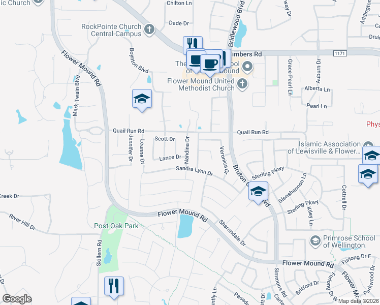 map of restaurants, bars, coffee shops, grocery stores, and more near 3604 Nandina Drive in Flower Mound