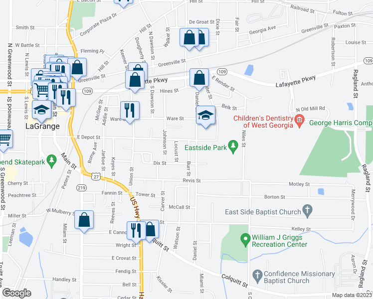 map of restaurants, bars, coffee shops, grocery stores, and more near 110 Burr Street in LaGrange