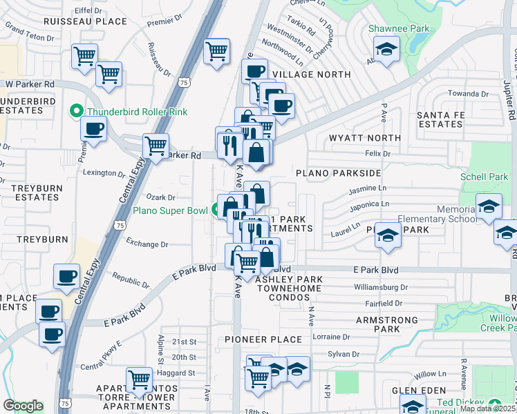 map of restaurants, bars, coffee shops, grocery stores, and more near 2701-2711 Dobie Drive in Plano