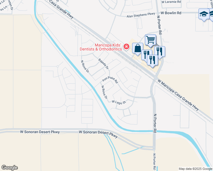 map of restaurants, bars, coffee shops, grocery stores, and more near 42221 West Ramona Street in Maricopa