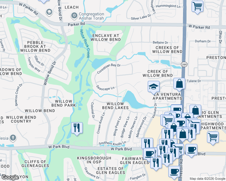 map of restaurants, bars, coffee shops, grocery stores, and more near 5300 Seascape Lane in Plano