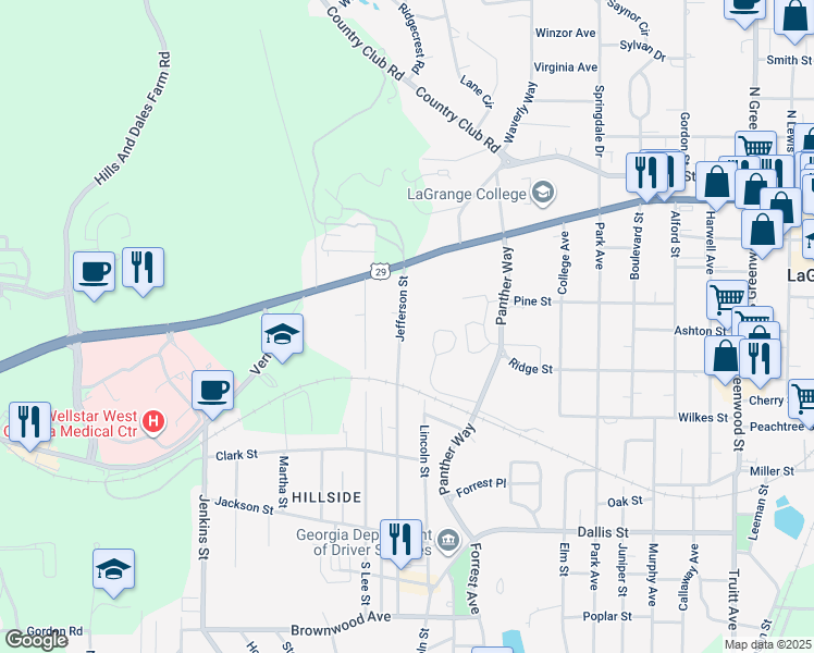map of restaurants, bars, coffee shops, grocery stores, and more near 217 Jefferson Street in LaGrange