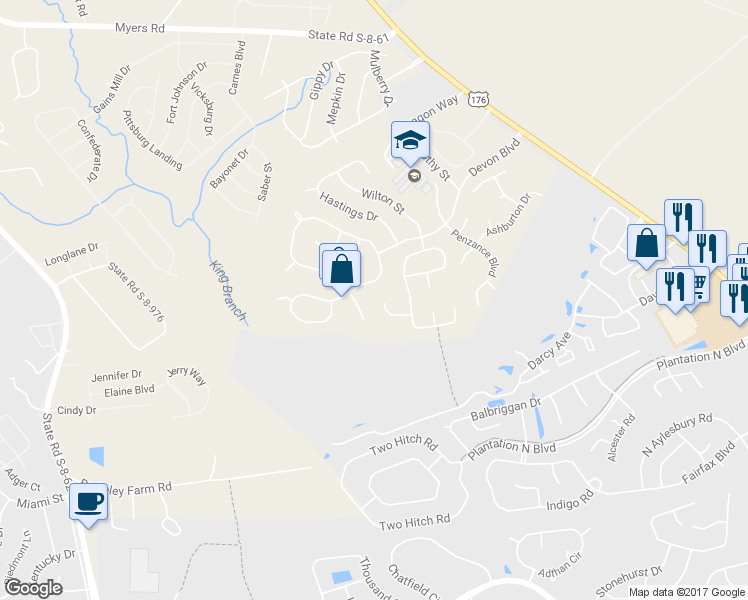 map of restaurants, bars, coffee shops, grocery stores, and more near 317 Sussex Court in Goose Creek