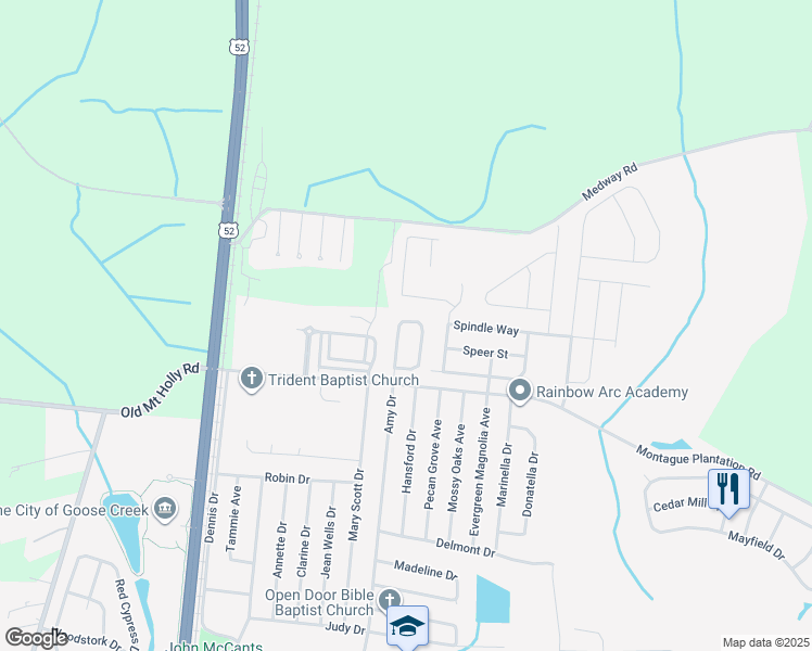 map of restaurants, bars, coffee shops, grocery stores, and more near 155 Kirkland Street in Goose Creek