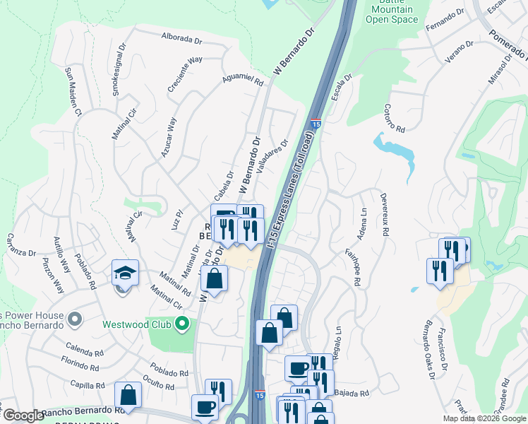 map of restaurants, bars, coffee shops, grocery stores, and more near 17626 Valladares Drive in San Diego