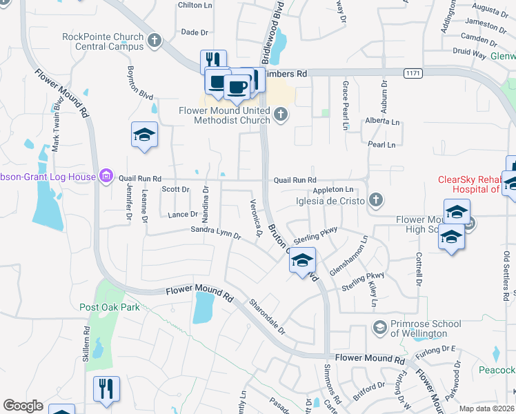 map of restaurants, bars, coffee shops, grocery stores, and more near 3520 Veronica Drive in Flower Mound