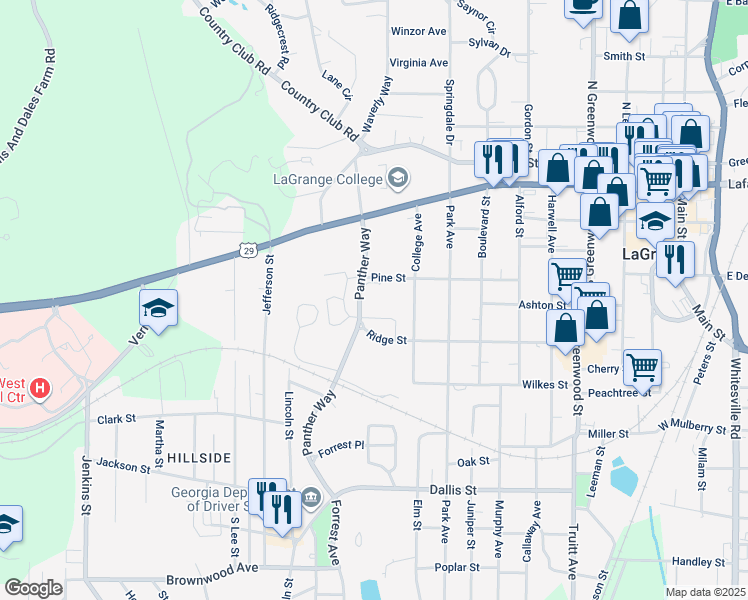 map of restaurants, bars, coffee shops, grocery stores, and more near 301 Forrest Avenue in LaGrange