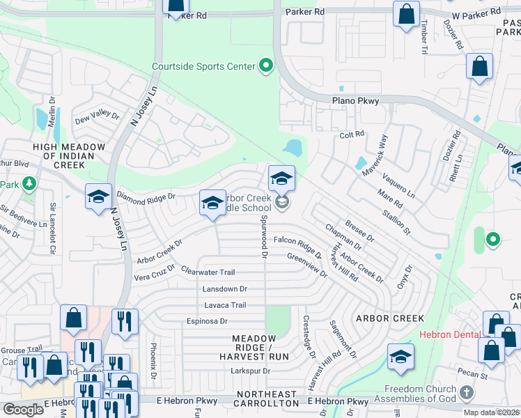 map of restaurants, bars, coffee shops, grocery stores, and more near 2026 Topaz Drive in Carrollton