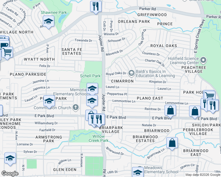 map of restaurants, bars, coffee shops, grocery stores, and more near 2412 Laurel Lane in Plano