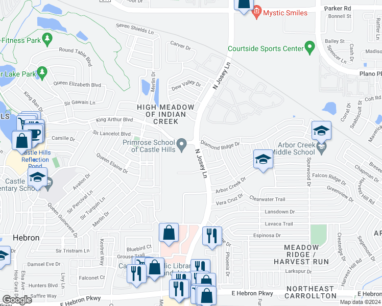 map of restaurants, bars, coffee shops, grocery stores, and more near 4541 North Josey Lane in Carrollton