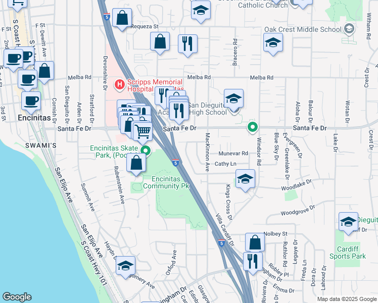 map of restaurants, bars, coffee shops, grocery stores, and more near 1247 Loch Lomond Drive in Encinitas