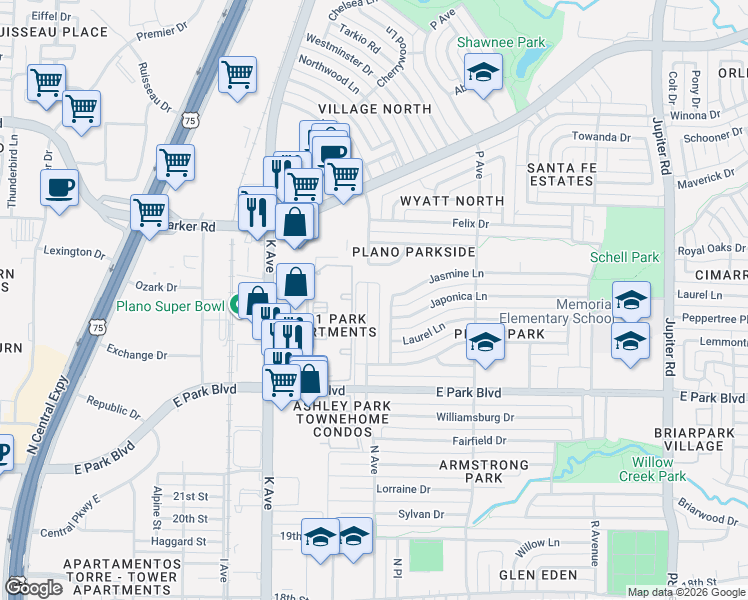 map of restaurants, bars, coffee shops, grocery stores, and more near 2712 N Avenue in Plano