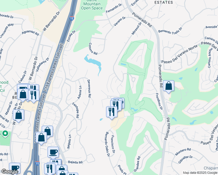 map of restaurants, bars, coffee shops, grocery stores, and more near 17780 Sintonte Drive in San Diego