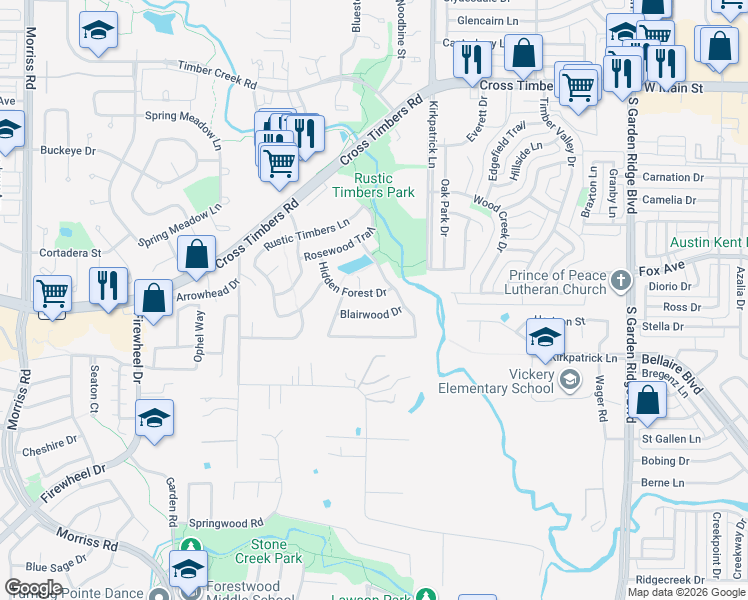 map of restaurants, bars, coffee shops, grocery stores, and more near 3513 Hidden Forest Drive in Flower Mound