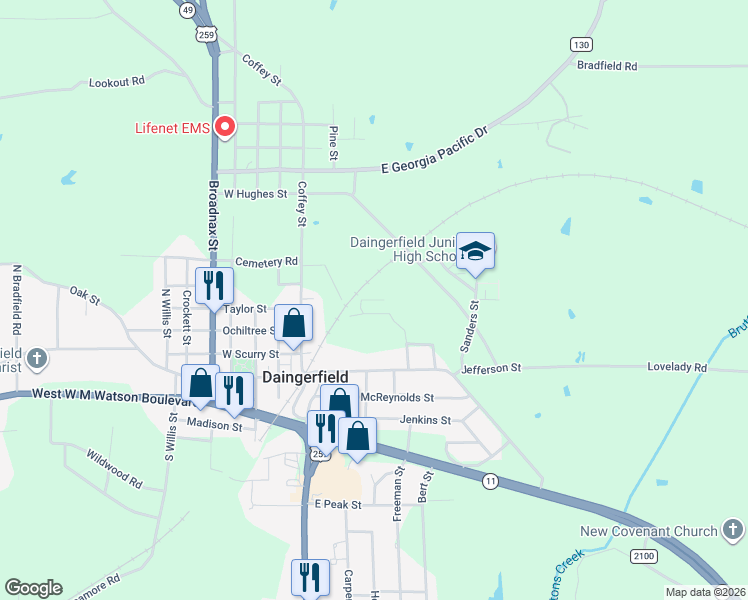 map of restaurants, bars, coffee shops, grocery stores, and more near 308 Sunset Street in Daingerfield
