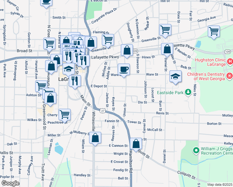 map of restaurants, bars, coffee shops, grocery stores, and more near 105 Keyes Street in LaGrange