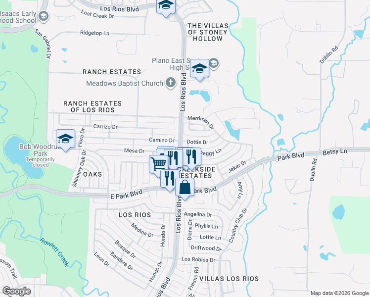 map of restaurants, bars, coffee shops, grocery stores, and more near 2417 Los Rios Boulevard in Plano