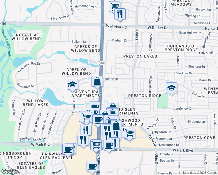 map of restaurants, bars, coffee shops, grocery stores, and more near 2600 Preston Road in Plano