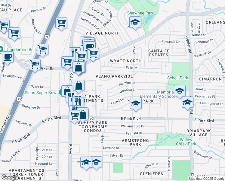 map of restaurants, bars, coffee shops, grocery stores, and more near 1508 Jasmine Lane in Plano