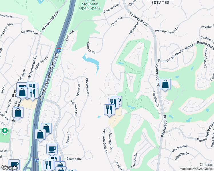 map of restaurants, bars, coffee shops, grocery stores, and more near 17780 Sintonte Drive in San Diego