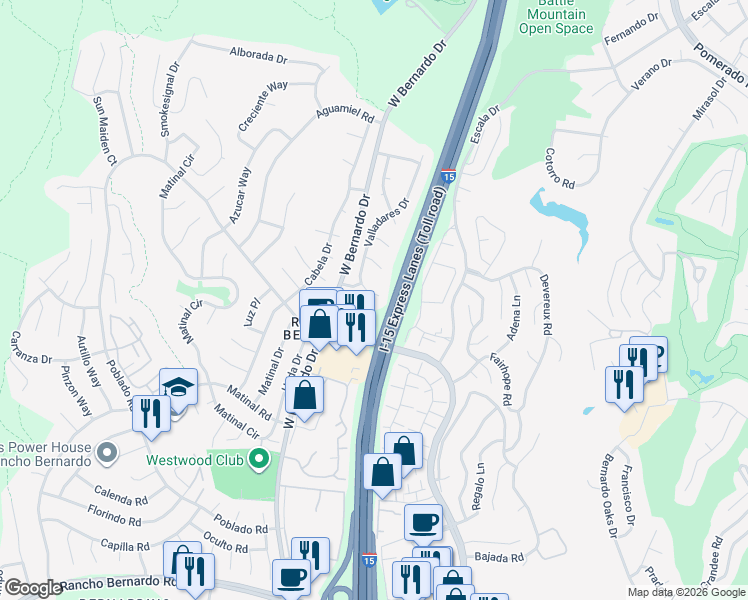 map of restaurants, bars, coffee shops, grocery stores, and more near 17626 Valladares Drive in San Diego