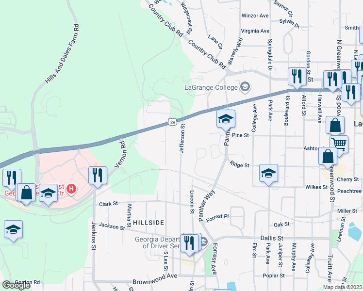map of restaurants, bars, coffee shops, grocery stores, and more near 217 Jefferson Street in LaGrange
