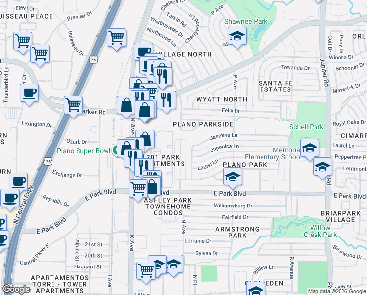 map of restaurants, bars, coffee shops, grocery stores, and more near 2712 N Avenue in Plano