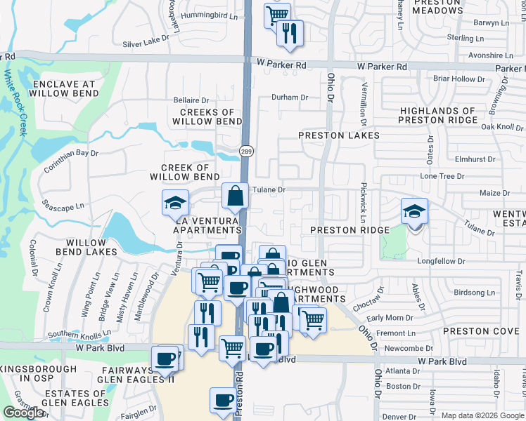 map of restaurants, bars, coffee shops, grocery stores, and more near 2600 Preston Road in Plano