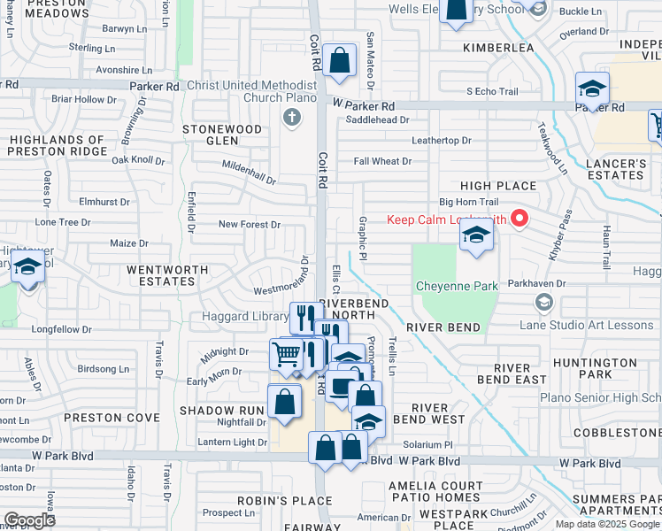 map of restaurants, bars, coffee shops, grocery stores, and more near 2605 Ellis Court in Plano
