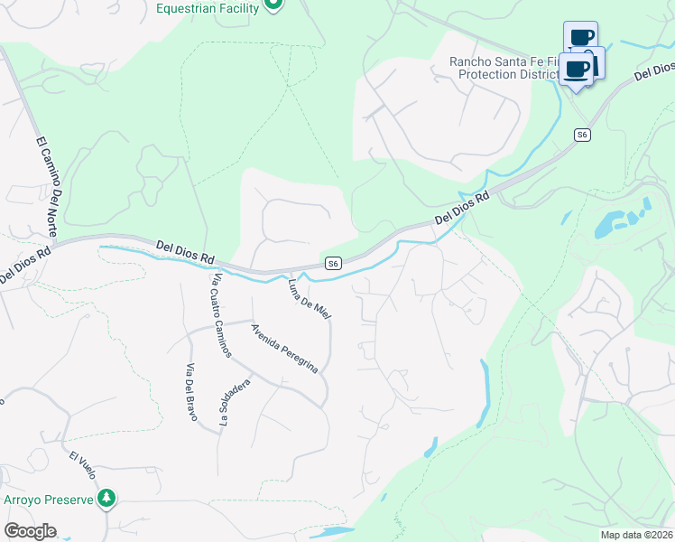 map of restaurants, bars, coffee shops, grocery stores, and more near 7533 Del Dios Road in Rancho Santa Fe
