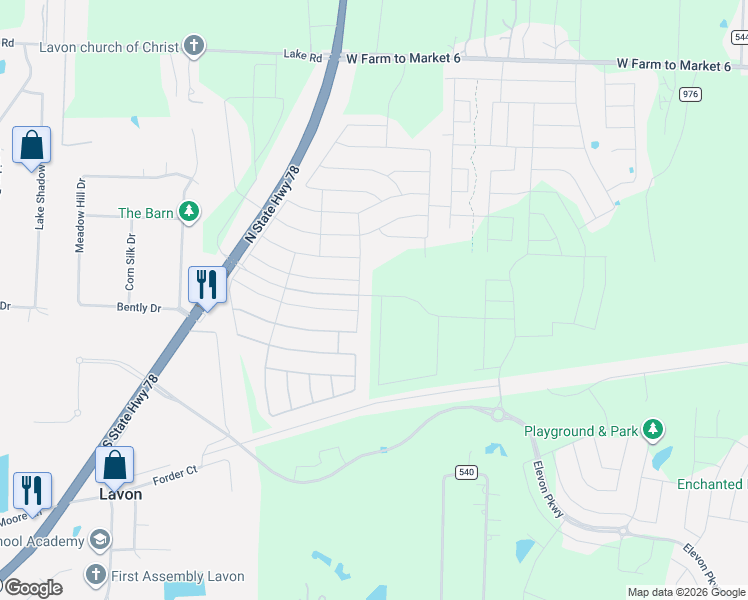 map of restaurants, bars, coffee shops, grocery stores, and more near Texas 78 in Lavon