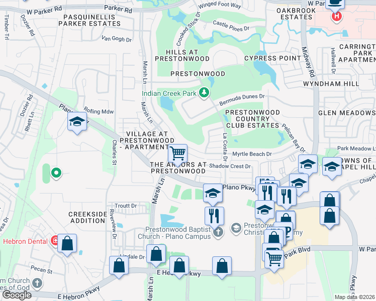 map of restaurants, bars, coffee shops, grocery stores, and more near 6828 Myrtle Beach Drive in Plano