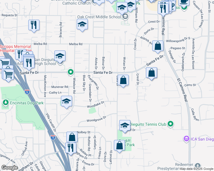 map of restaurants, bars, coffee shops, grocery stores, and more near 1328 Caminito Septimo in Encinitas