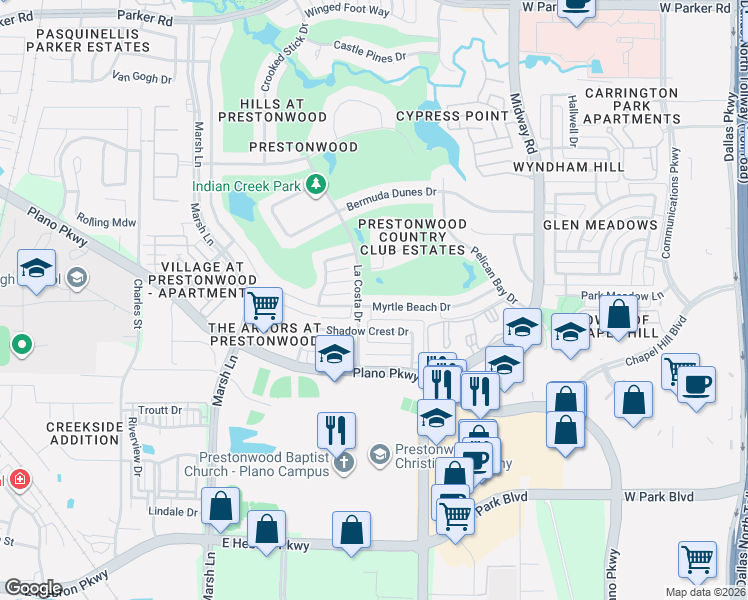 map of restaurants, bars, coffee shops, grocery stores, and more near 6629 Myrtle Beach Drive in Plano