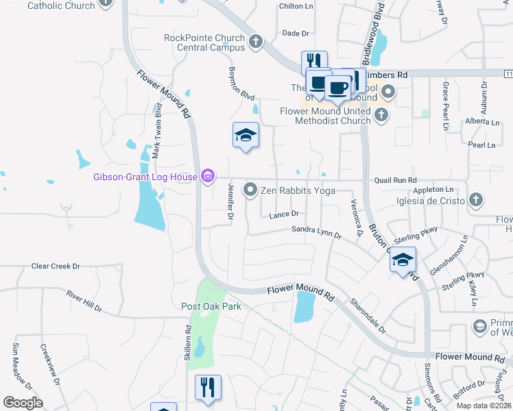 map of restaurants, bars, coffee shops, grocery stores, and more near 3612 Karla Drive in Flower Mound