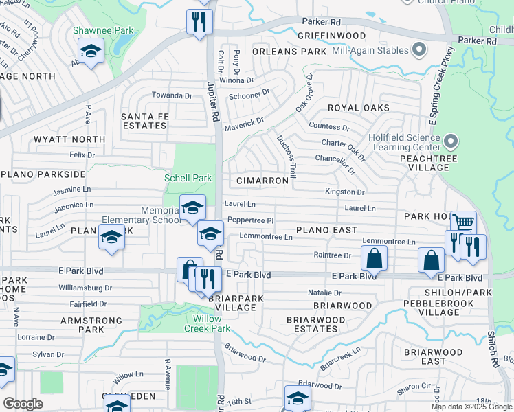 map of restaurants, bars, coffee shops, grocery stores, and more near 2508 Laurel Ln in Plano