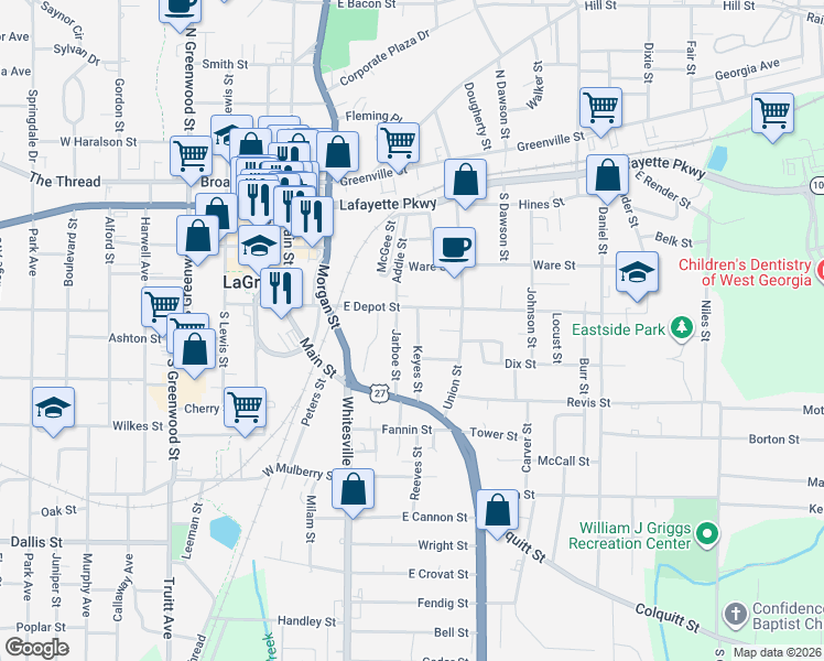 map of restaurants, bars, coffee shops, grocery stores, and more near 105 Keyes Street in LaGrange