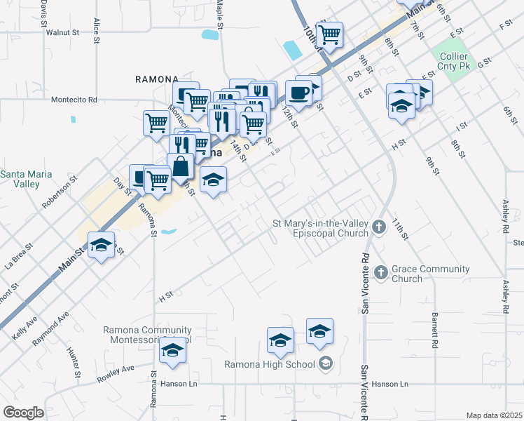 map of restaurants, bars, coffee shops, grocery stores, and more near 766 Warpaint Drive in Ramona