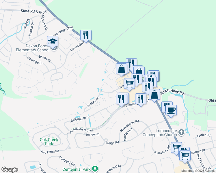 map of restaurants, bars, coffee shops, grocery stores, and more near 135 Brockman Way in Goose Creek