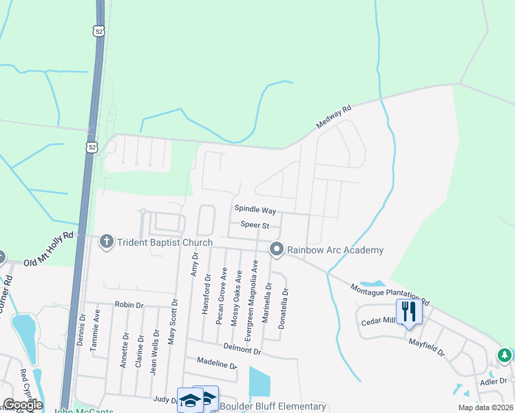 map of restaurants, bars, coffee shops, grocery stores, and more near 129 Spindle Way in Goose Creek